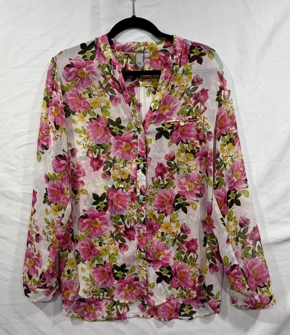 Kut From The Kloth Floral Tunic Blouse Long Sleeve Sheer Size Large